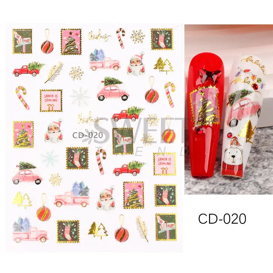 Joskaa Laser Red Christmas Nail Art Stickers 3D Cartoon Santa Snowman Xmas Tree Adhesive Sliders Winter New Year Manicure Decor LYCJ027