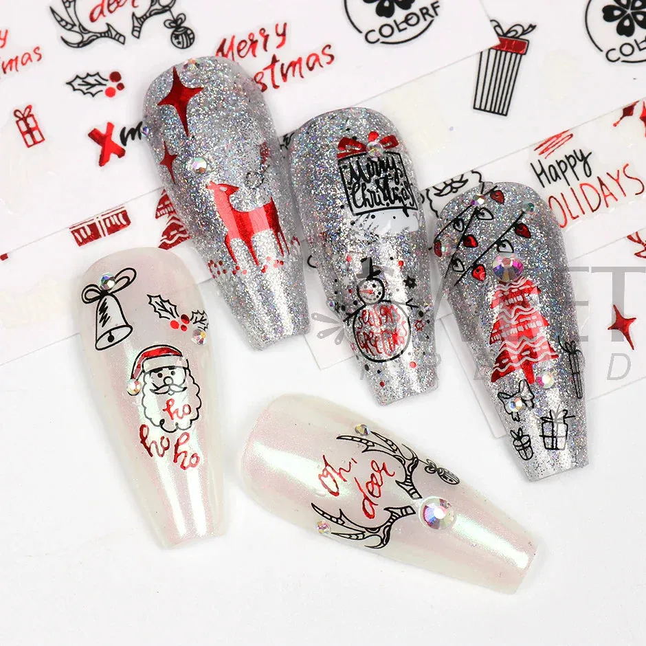 Joskaa Laser Red Christmas Nail Art Stickers 3D Cartoon Santa Snowman Xmas Tree Adhesive Sliders Winter New Year Manicure Decor LYCJ027