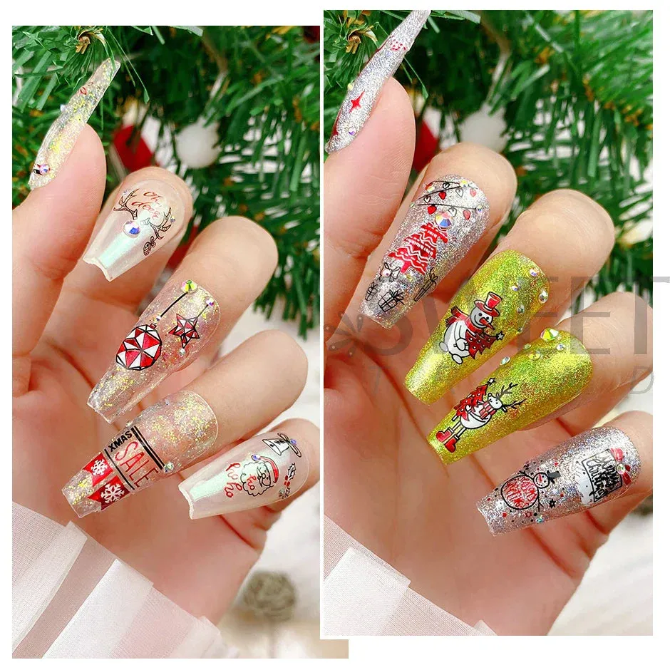 Joskaa Laser Red Christmas Nail Art Stickers 3D Cartoon Santa Snowman Xmas Tree Adhesive Sliders Winter New Year Manicure Decor LYCJ027