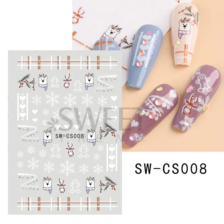 Joskaa Laser Red Christmas Nail Art Stickers 3D Cartoon Santa Snowman Xmas Tree Adhesive Sliders Winter New Year Manicure Decor LYCJ027