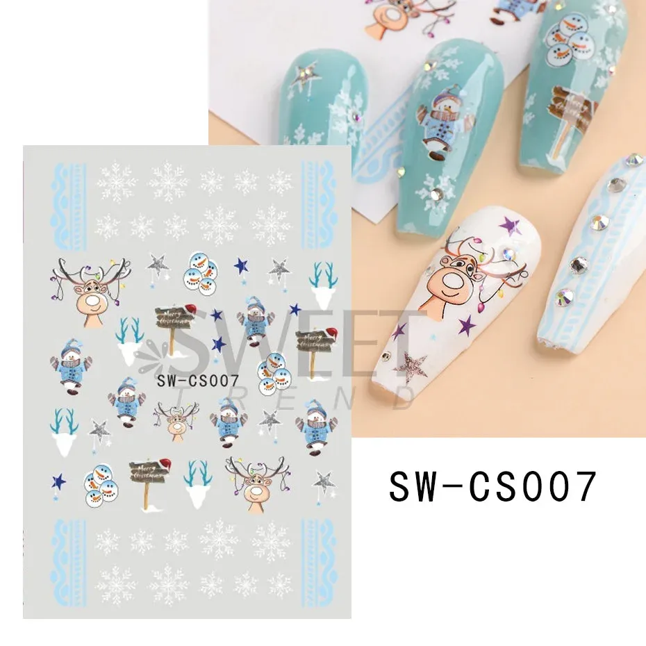 Joskaa Laser Red Christmas Nail Art Stickers 3D Cartoon Santa Snowman Xmas Tree Adhesive Sliders Winter New Year Manicure Decor LYCJ027