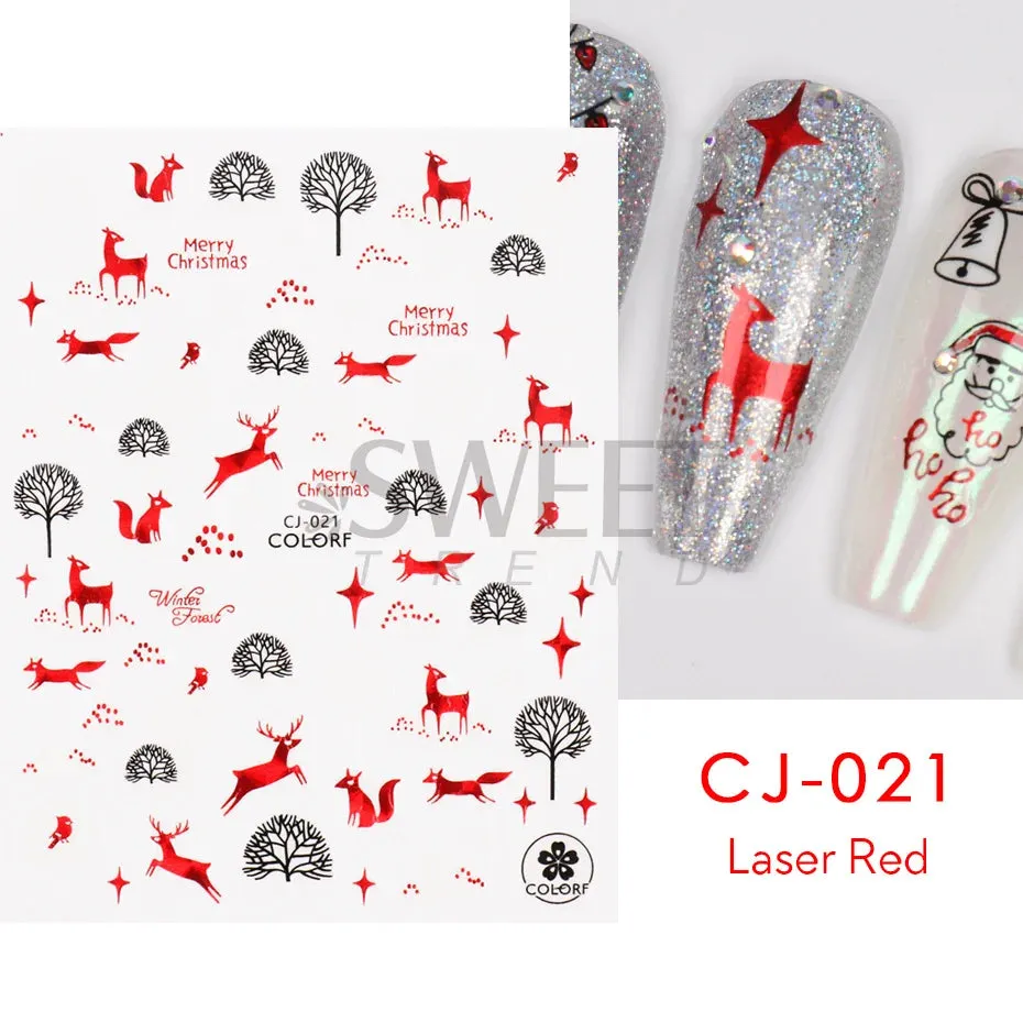 Joskaa Laser Red Christmas Nail Art Stickers 3D Cartoon Santa Snowman Xmas Tree Adhesive Sliders Winter New Year Manicure Decor LYCJ027