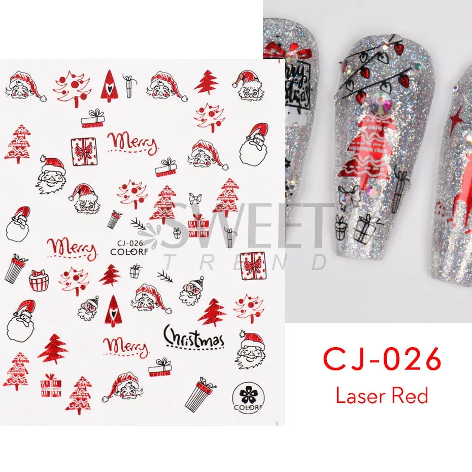 Joskaa Laser Red Christmas Nail Art Stickers 3D Cartoon Santa Snowman Xmas Tree Adhesive Sliders Winter New Year Manicure Decor LYCJ027
