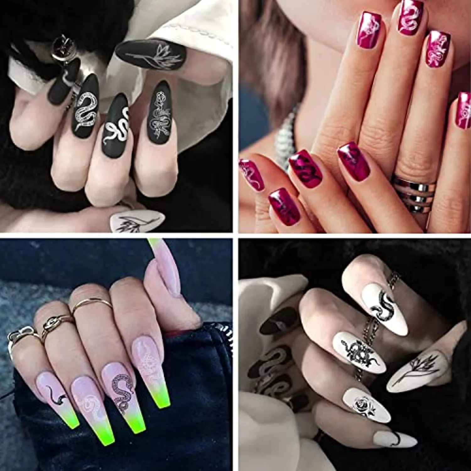 Kalolary 6 Sheets Snake Nail Art Stickers, 3D Nail Self-Adhesive Hot Snake Flower Pattern Nail Sticker Decals for Women Girls Nail Design Decoration DIY Decor Nail Art Accessories