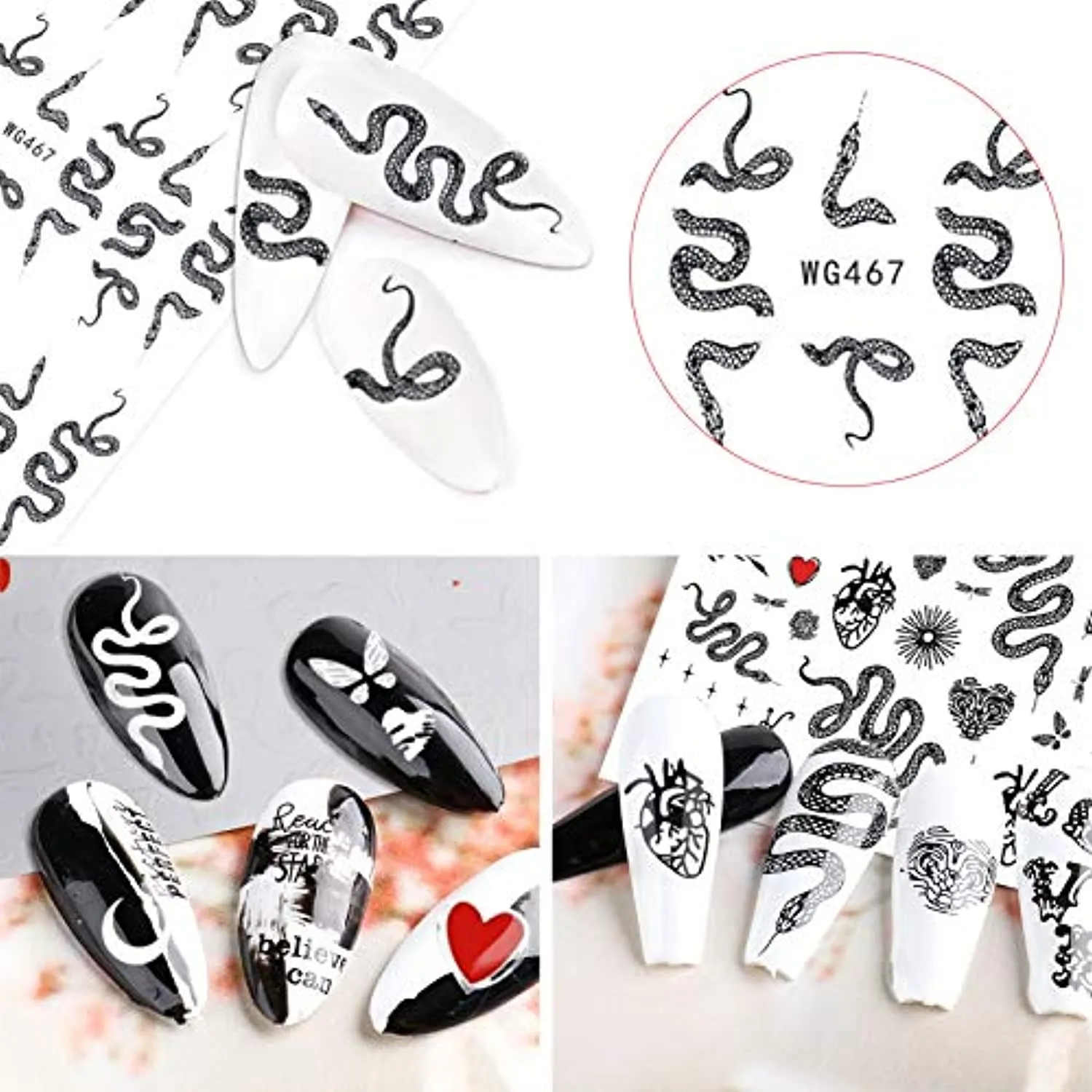 Kalolary 6 Sheets Snake Nail Art Stickers, 3D Nail Self-Adhesive Hot Snake Flower Pattern Nail Sticker Decals for Women Girls Nail Design Decoration DIY Decor Nail Art Accessories