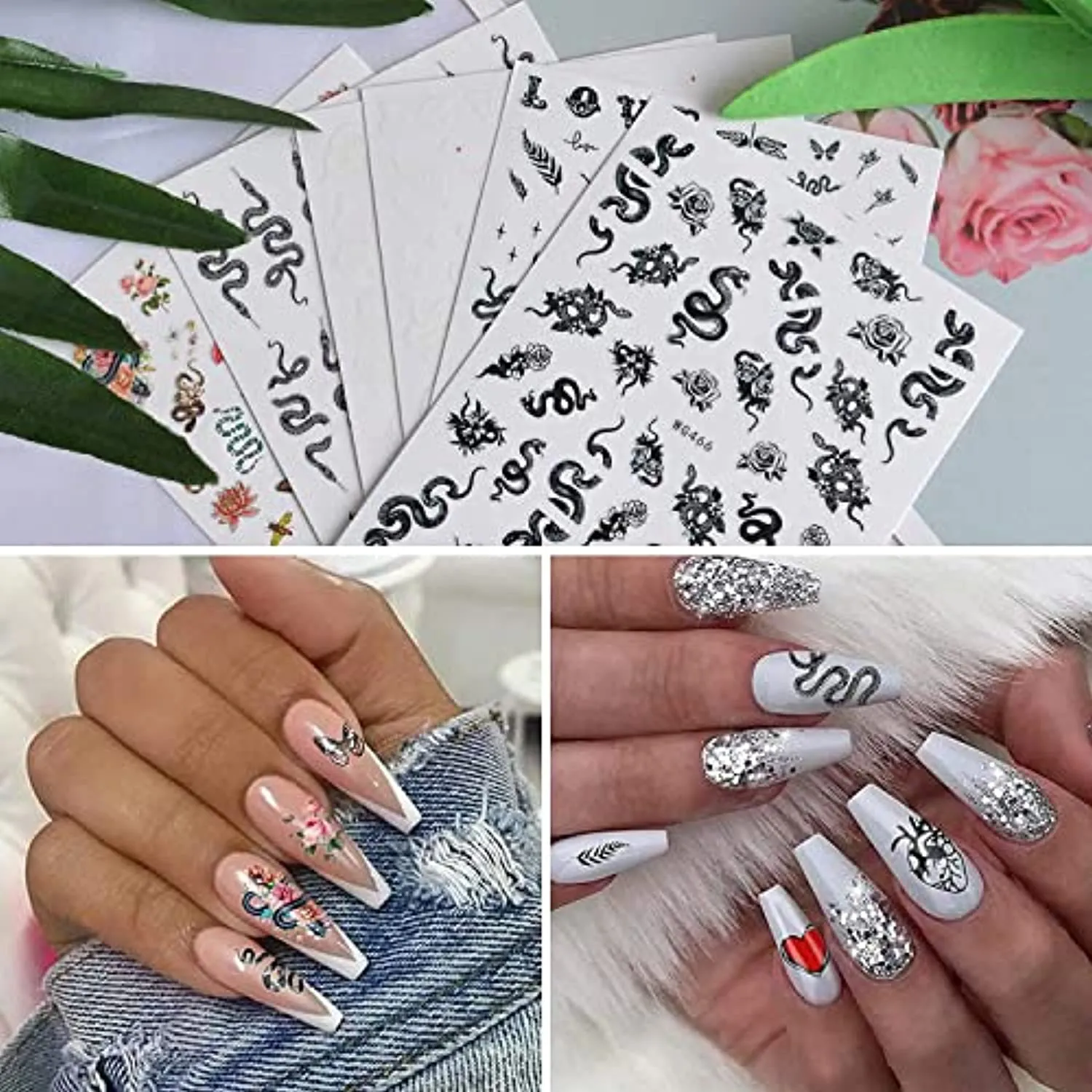 Kalolary 6 Sheets Snake Nail Art Stickers, 3D Nail Self-Adhesive Hot Snake Flower Pattern Nail Sticker Decals for Women Girls Nail Design Decoration DIY Decor Nail Art Accessories
