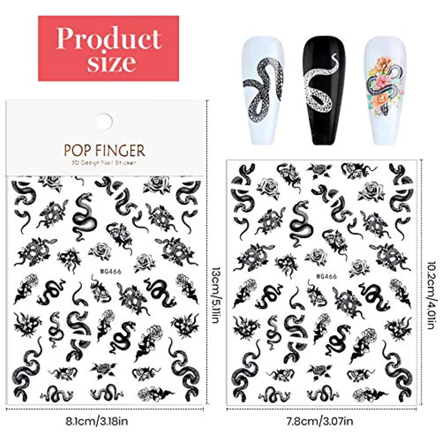 Kalolary 6 Sheets Snake Nail Art Stickers, 3D Nail Self-Adhesive Hot Snake Flower Pattern Nail Sticker Decals for Women Girls Nail Design Decoration DIY Decor Nail Art Accessories