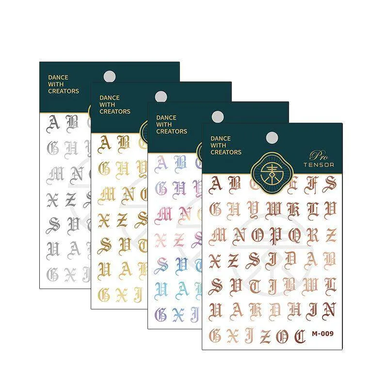 Laser Gothic Initials Nail Art Stickers Adhesive Slider Metal Letters Sticker Decals M009