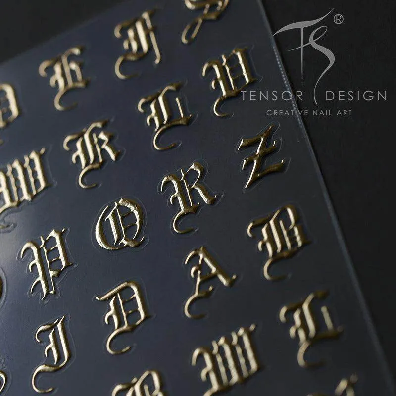 Laser Gothic Initials Nail Art Stickers Adhesive Slider Metal Letters Sticker Decals M009