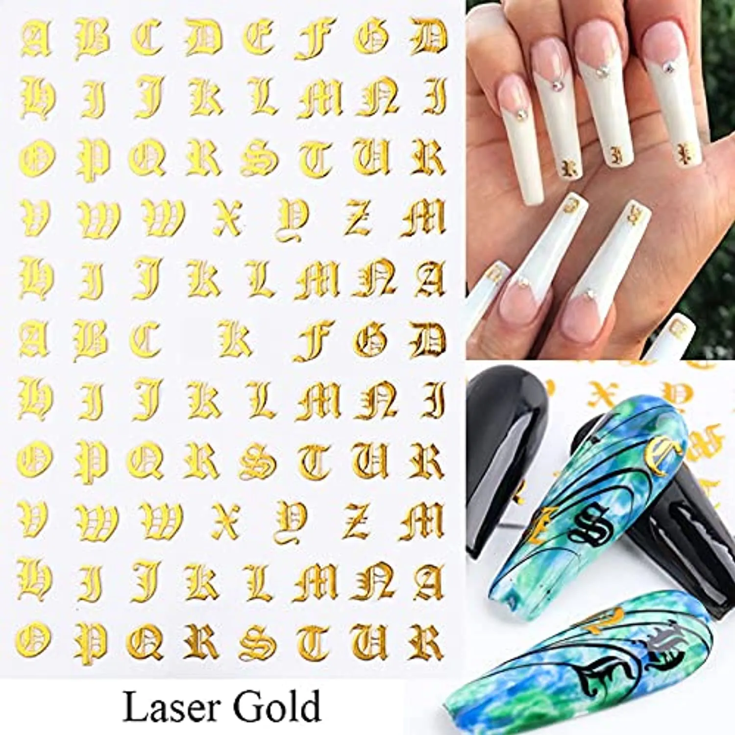 Letter Nail Art Stickers 3D Letters Nail Stickers Nail Art Supplies Old English Alphabet Nail Decals Holographic Letter Nail Designs Kit English Font Nail Sticker for Acrylic Nails (12 Sheets)