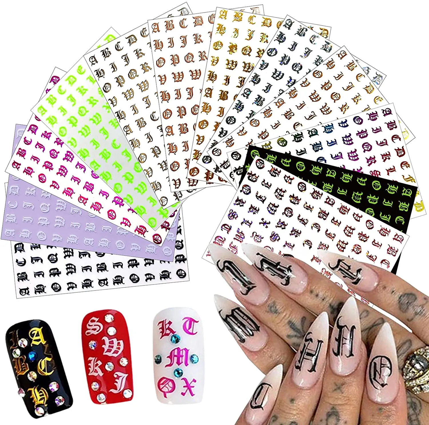 Letter Nail Art Stickers 3D Letters Nail Stickers Nail Art Supplies Old English Alphabet Nail Decals Holographic Letter Nail Designs Kit English Font Nail Sticker for Acrylic Nails (12 Sheets)