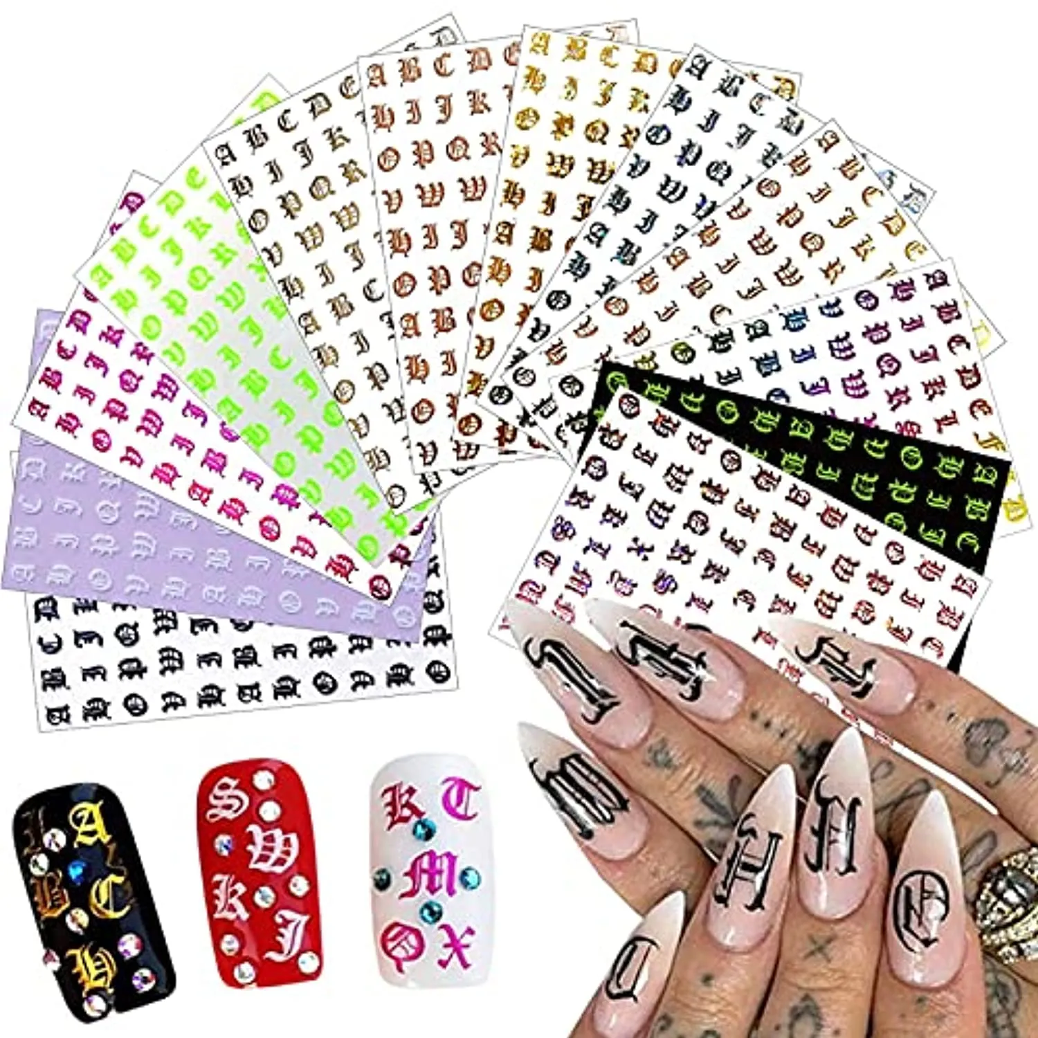 Letter Nail Art Stickers 3D Letters Nail Stickers Nail Art Supplies Old English Alphabet Nail Decals Holographic Letter Nail Designs Kit English Font Nail Sticker for Acrylic Nails (12 Sheets)