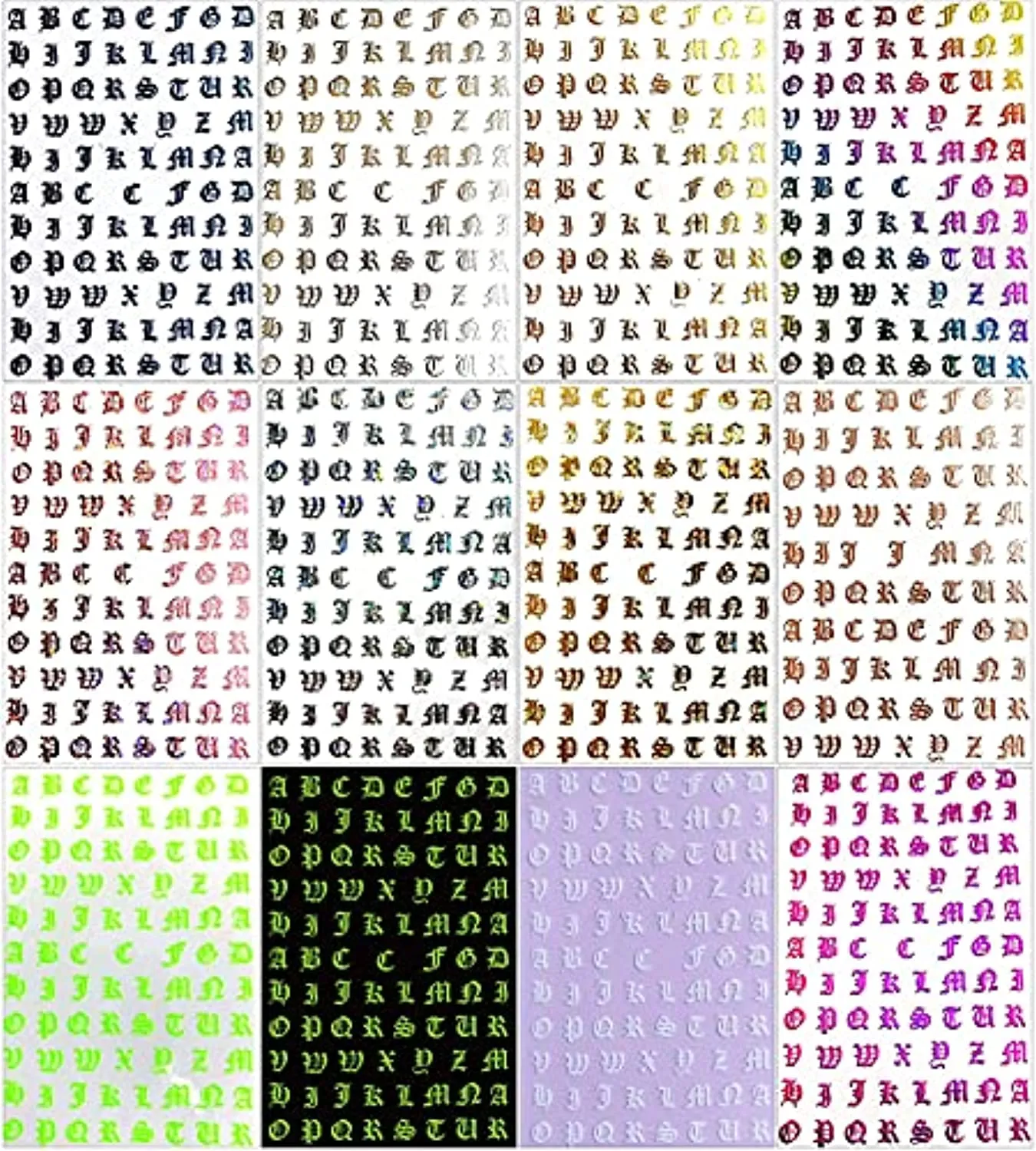 Letter Nail Art Stickers 3D Letters Nail Stickers Nail Art Supplies Old English Alphabet Nail Decals Holographic Letter Nail Designs Kit English Font Nail Sticker for Acrylic Nails (12 Sheets)