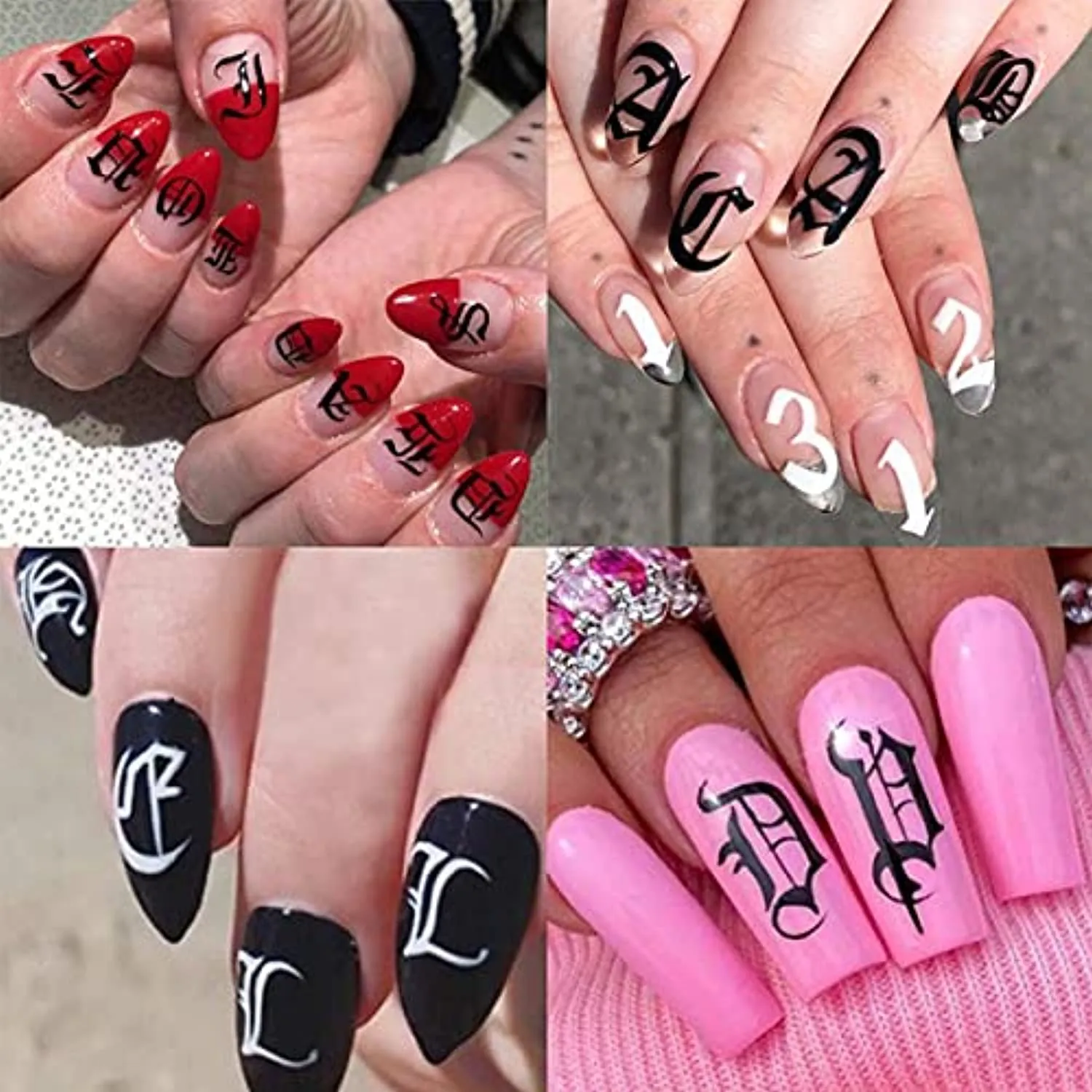 Letter Nail Art Stickers 3D Letters Nail Stickers Nail Art Supplies Old English Alphabet Nail Decals Holographic Letter Nail Designs Kit English Font Nail Sticker for Acrylic Nails (12 Sheets)
