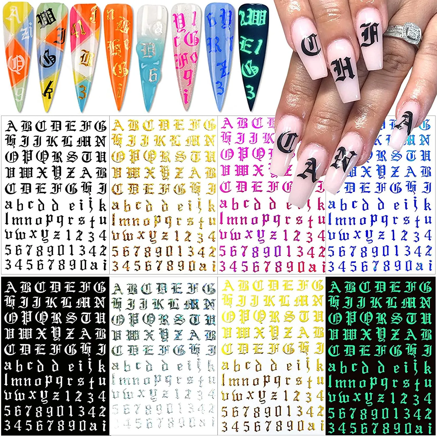 Letter Nail Art Stickers 3D Letters Nail Stickers Nail Art Supplies Old English Alphabet Nail Decals Holographic Letter Nail Designs Kit English Font Nail Sticker for Acrylic Nails (12 Sheets)