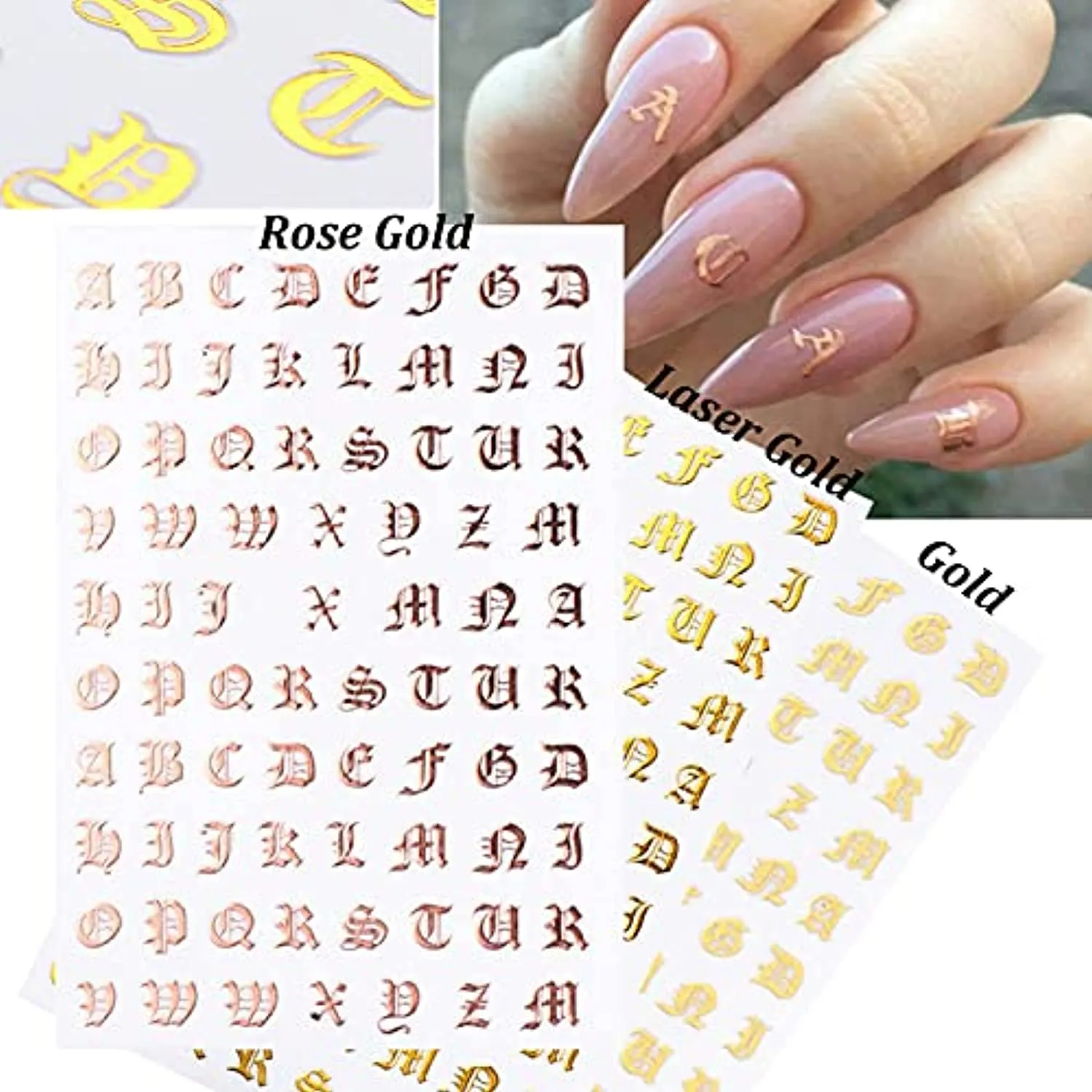 Letter Nail Art Stickers 3D Letters Nail Stickers Nail Art Supplies Old English Alphabet Nail Decals Holographic Letter Nail Designs Kit English Font Nail Sticker for Acrylic Nails (12 Sheets)
