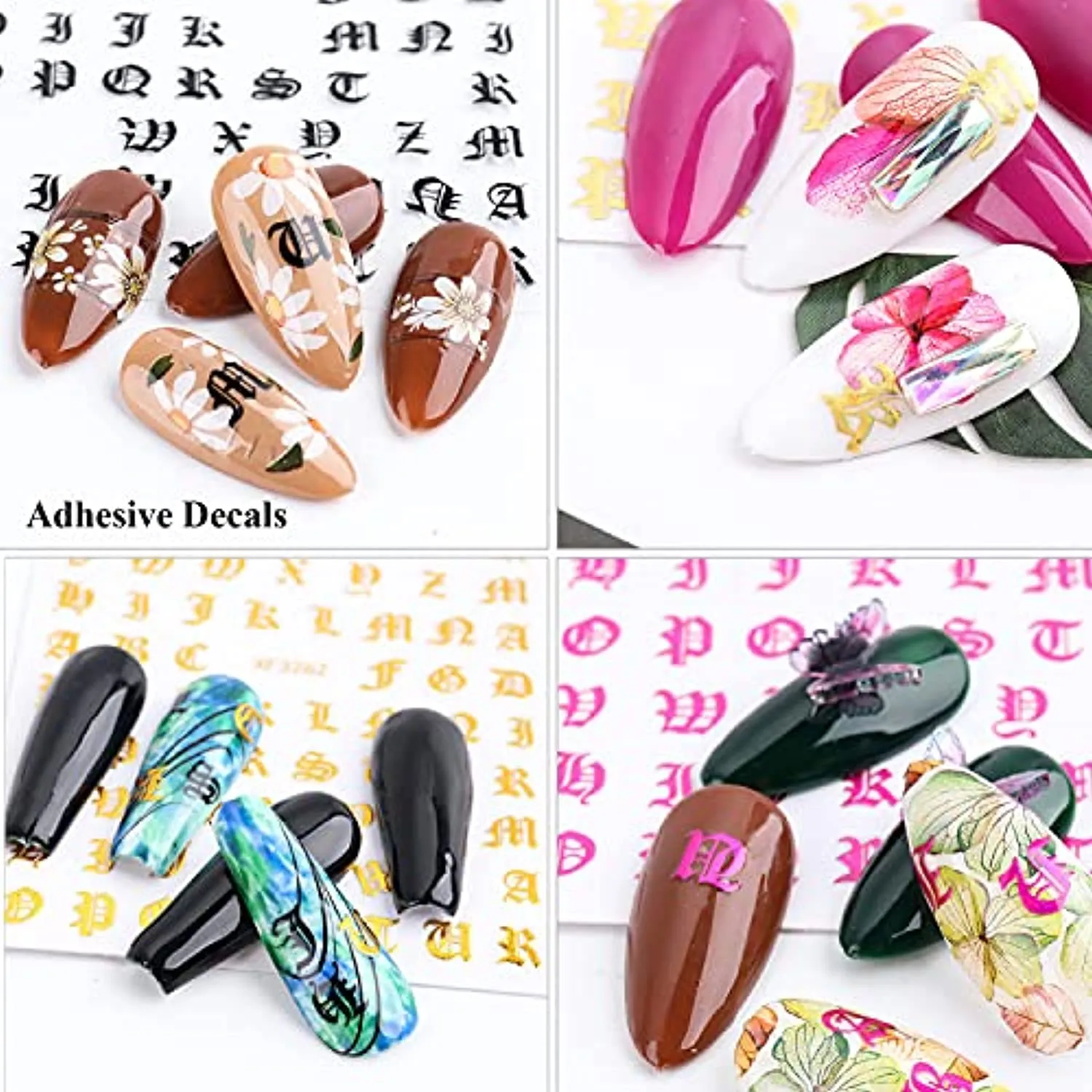 Letter Nail Art Stickers 3D Letters Nail Stickers Nail Art Supplies Old English Alphabet Nail Decals Holographic Letter Nail Designs Kit English Font Nail Sticker for Acrylic Nails (12 Sheets)