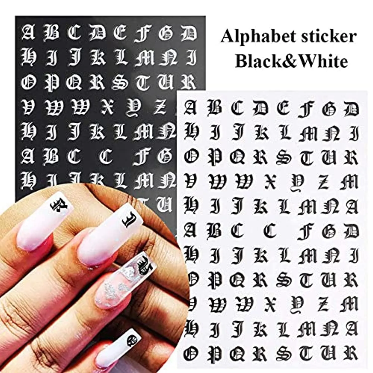 Letter Nail Art Stickers 3D Letters Nail Stickers Nail Art Supplies Old English Alphabet Nail Decals Holographic Letter Nail Designs Kit English Font Nail Sticker for Acrylic Nails (12 Sheets)