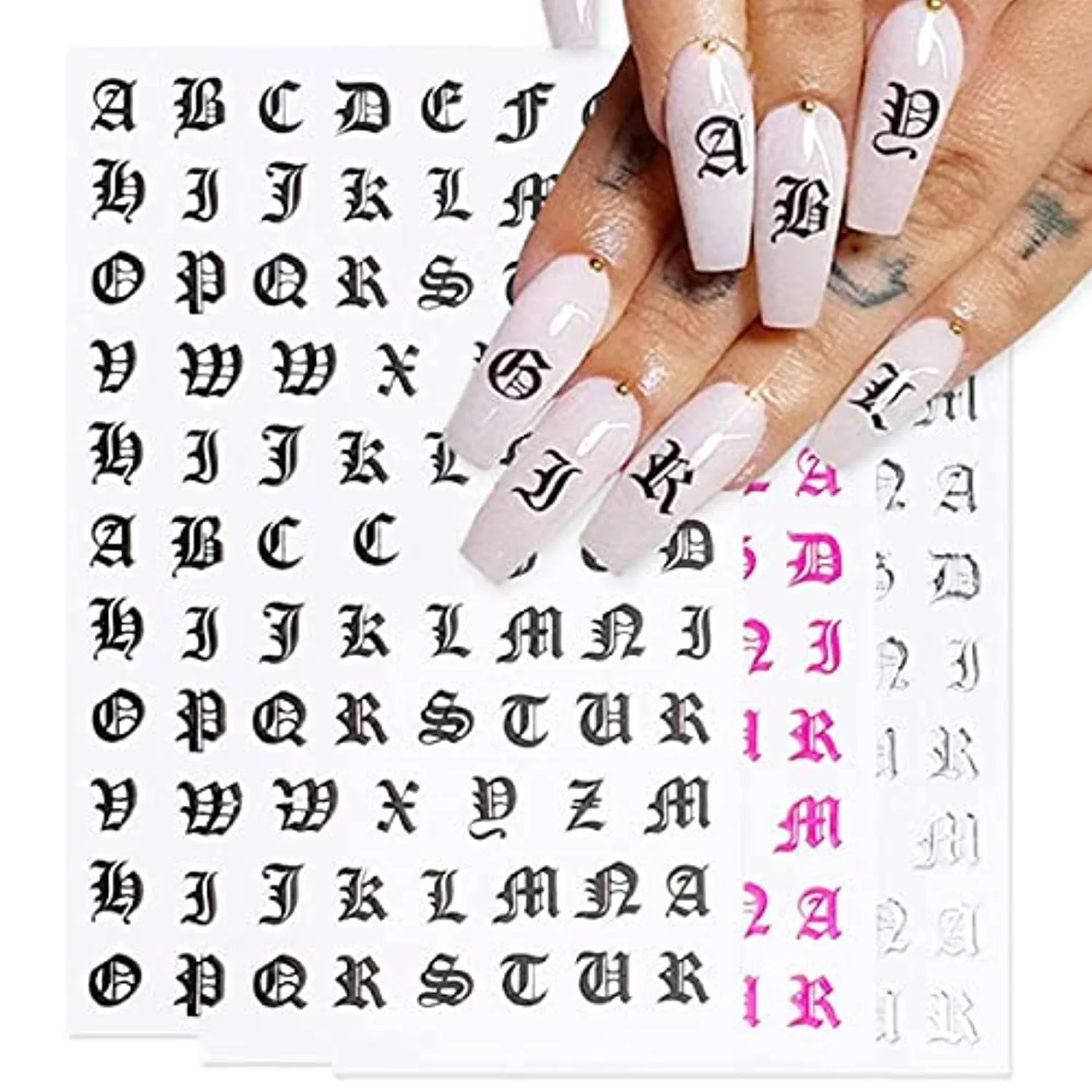 Letter Nail Art Stickers 3D Letters Nail Stickers Nail Art Supplies Old English Alphabet Nail Decals Holographic Letter Nail Designs Kit English Font Nail Sticker for Acrylic Nails (12 Sheets)