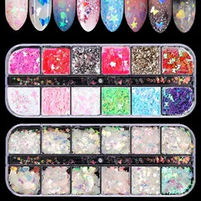 LYOUCI 12 Shaped Holographic Nail Stickers Iridescent Mermaid Flakes and 12 Color Butterfly Nail Art Stickers Sequins, Holographic Nail Sparkle Glitter for Nail Art Decoration（2 Boxes)