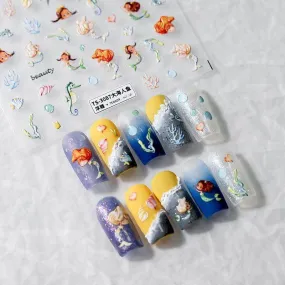 Marine Life Nail Art Stickers Adhesive Slider Embossed Mermaid Sticker Decals TS3086