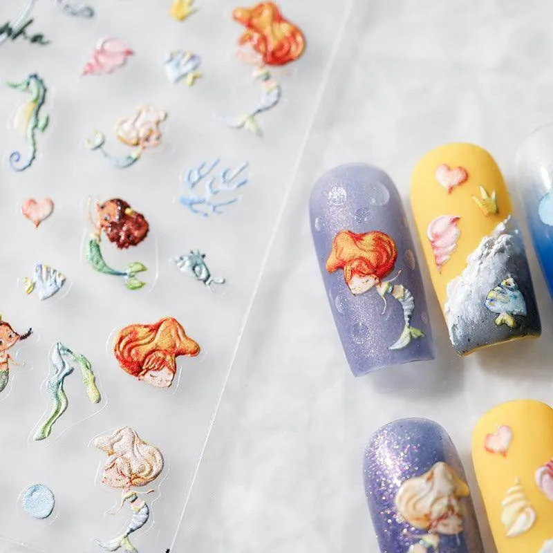 Marine Life Nail Art Stickers Adhesive Slider Embossed Mermaid Sticker Decals TS3086