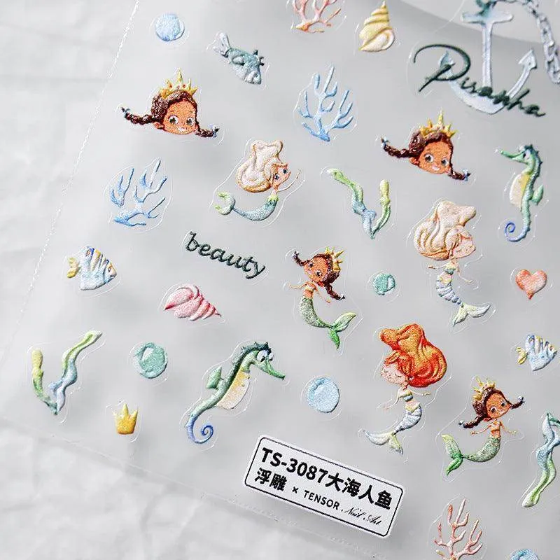 Marine Life Nail Art Stickers Adhesive Slider Embossed Mermaid Sticker Decals TS3086