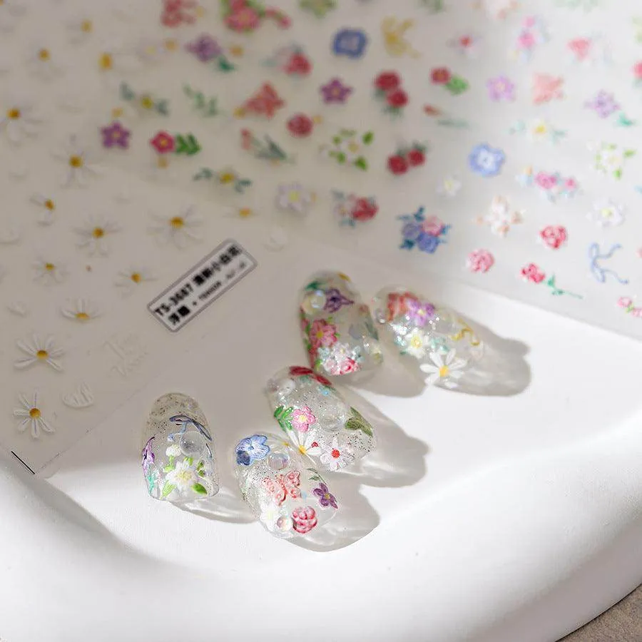 Mini Daisy Flowers Nail Art Stickers Adhesive Embossed White Daisy Rose Sticker Decals TS3687