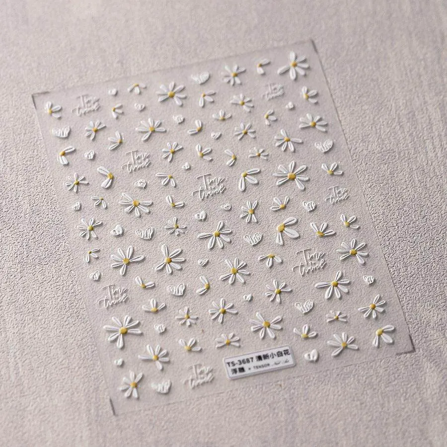 Mini Daisy Flowers Nail Art Stickers Adhesive Embossed White Daisy Rose Sticker Decals TS3687