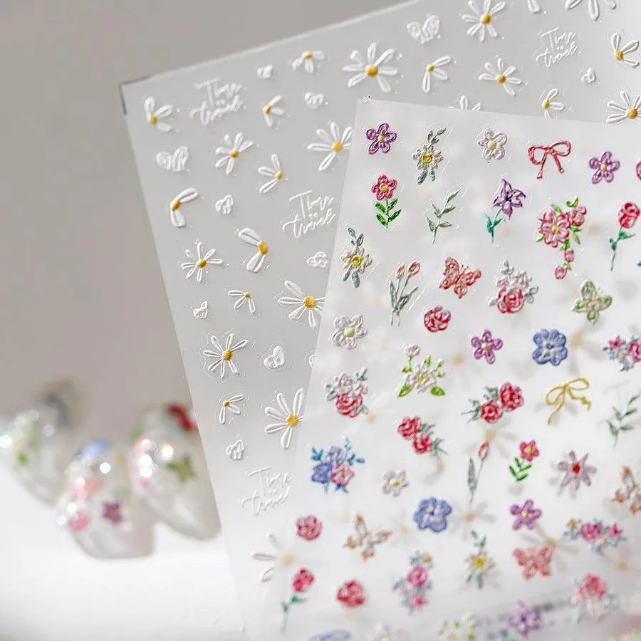 Mini Daisy Flowers Nail Art Stickers Adhesive Embossed White Daisy Rose Sticker Decals TS3687