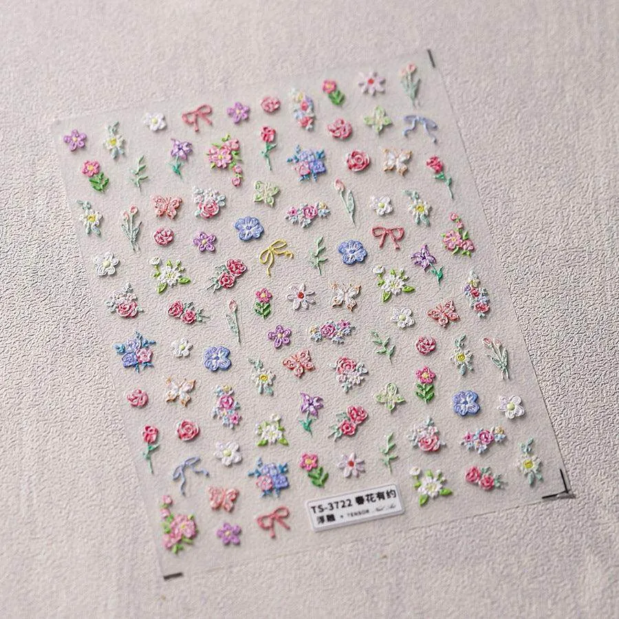 Mini Daisy Flowers Nail Art Stickers Adhesive Embossed White Daisy Rose Sticker Decals TS3687