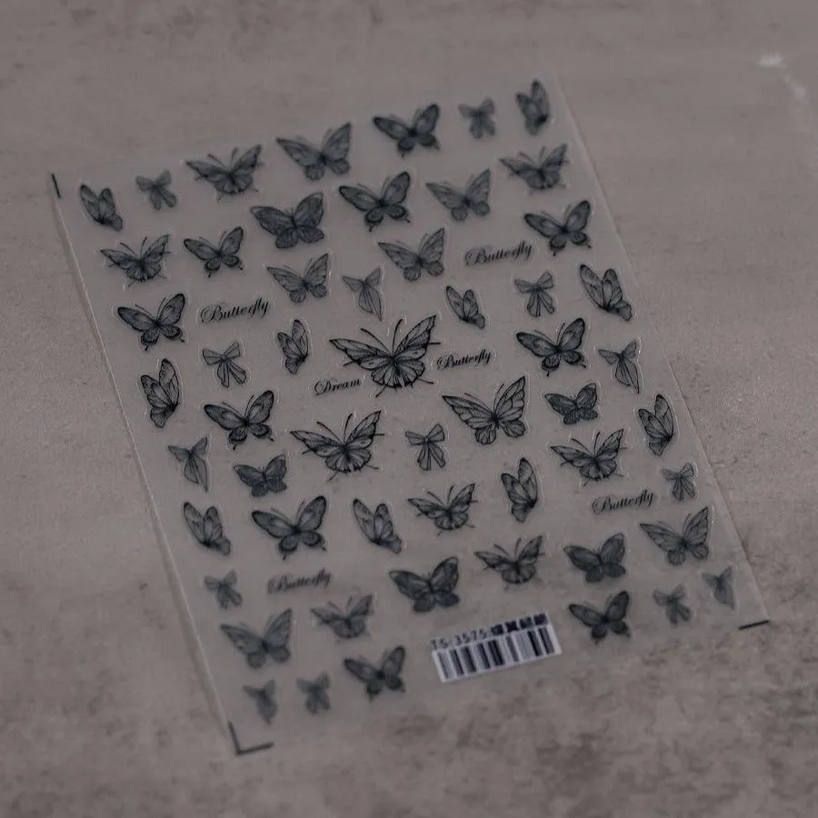Nail Art Stickers Adhesive Slider Embossed Translucent Black Butterfly Sticker Decals TS3574