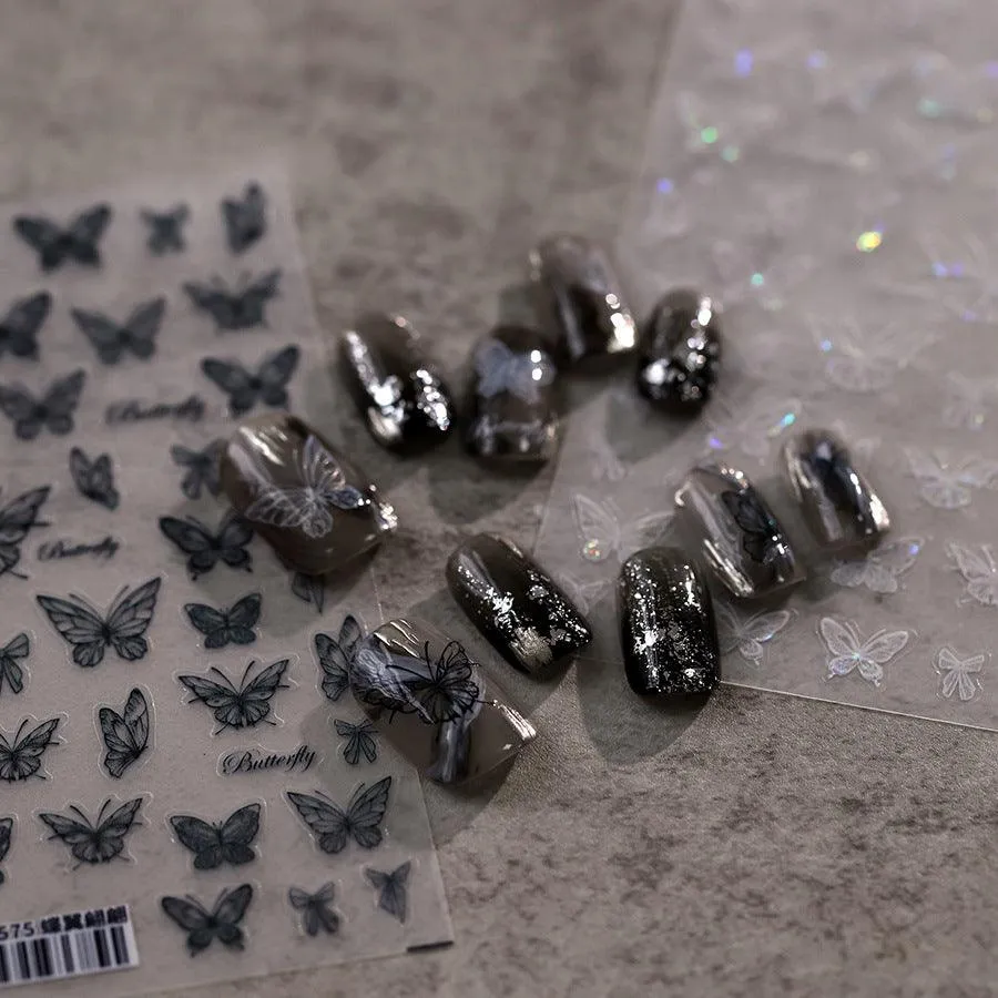 Nail Art Stickers Adhesive Slider Embossed Translucent Black Butterfly Sticker Decals TS3574