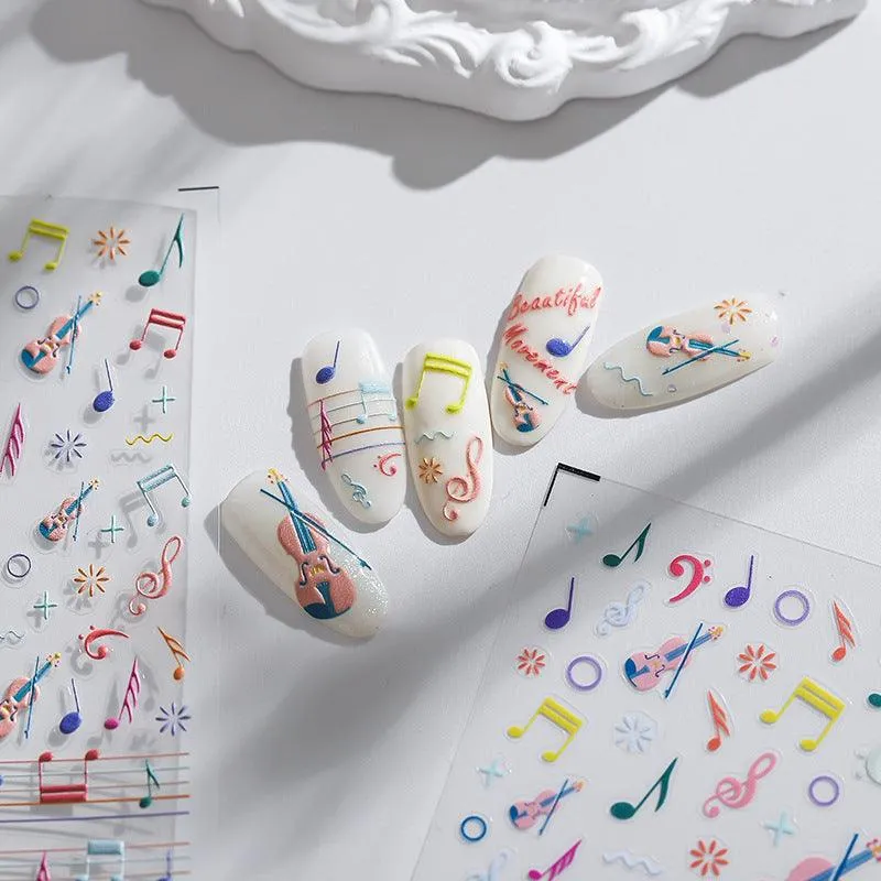 Nail Art Stickers Adhesive Sliders Embossed Musical Notes Sticker Decals TS1651