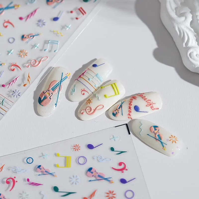 Nail Art Stickers Adhesive Sliders Embossed Musical Notes Sticker Decals TS1651