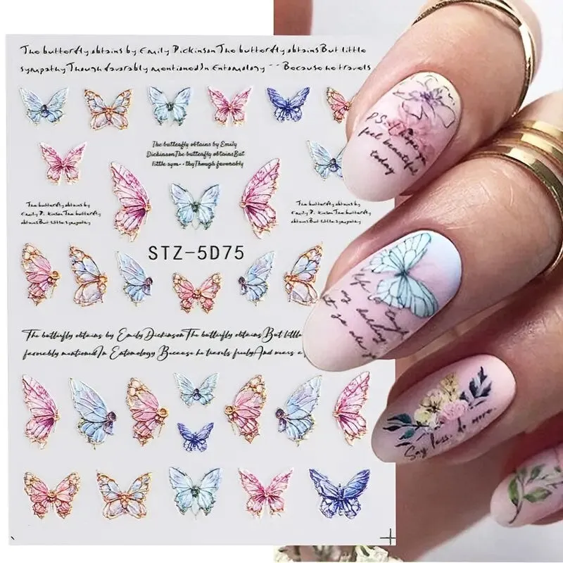 Nail Stickers | Gradient Butterfly And English Letter | Self-Adhesive Water Transfer Decals | Nail Art Decoration