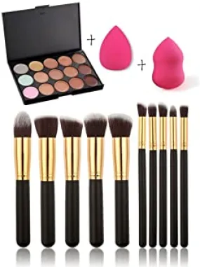 Pure Vie Pro 15 Colors Cosmetics Cream Contour and Highlighting Makeup Kit, Color Correcting Cream Concealer Palette   10 Synthetic Foundation Powder Concealer Eye Shadows Makeup Brush   2 Sponge Puff