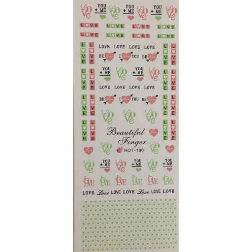 Valentine's Day Nail Art Love Word Green Mini Hearts Water Decals Wraps