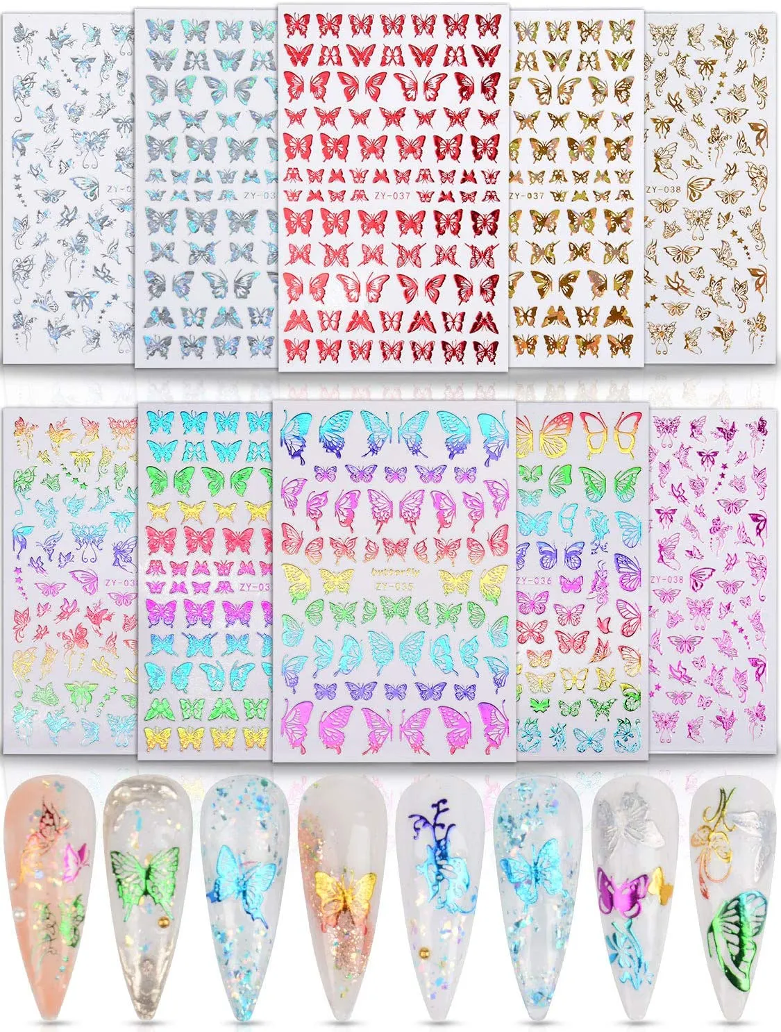 Warmfits 10 Sheets Holographic Butterfly Nail Stickers Decals Holo Gold Silver Multi-Color Different Shapes Nail Adhesive Stickers