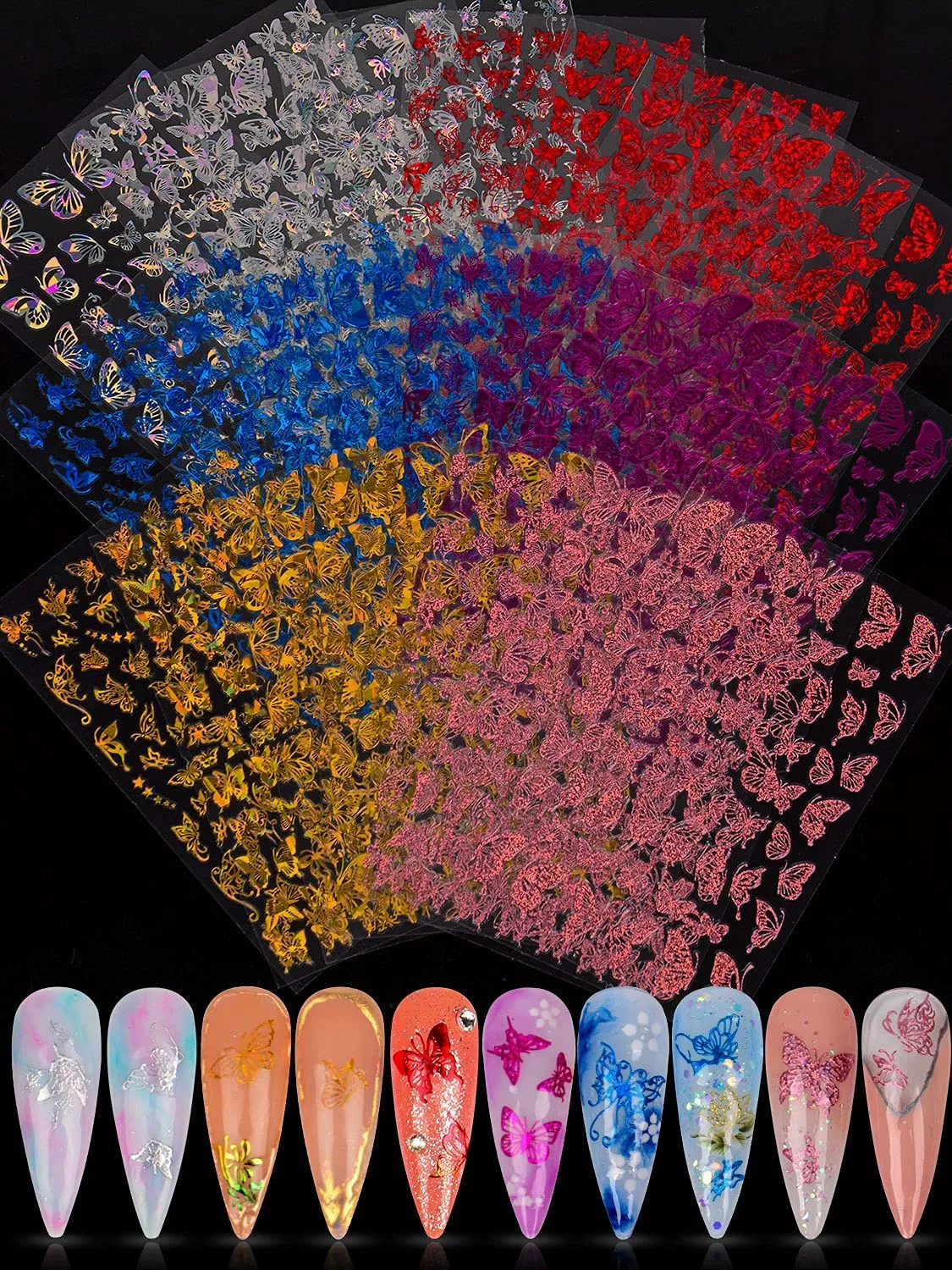 Warmfits 10 Sheets Holographic Butterfly Nail Stickers Decals Holo Gold Silver Multi-Color Different Shapes Nail Adhesive Stickers