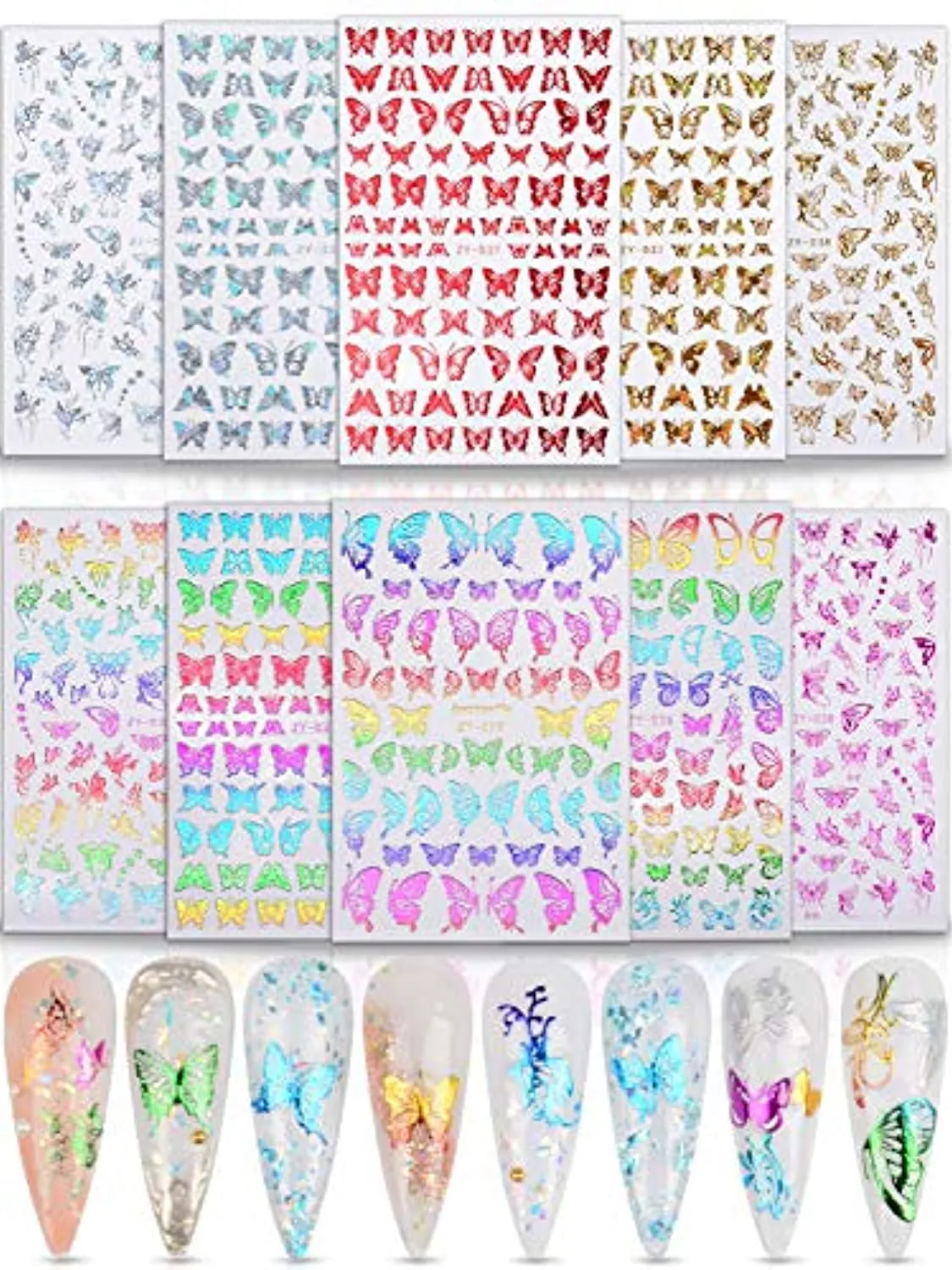Warmfits 10 Sheets Holographic Butterfly Nail Stickers Decals Holo Gold Silver Multi-Color Different Shapes Nail Adhesive Stickers