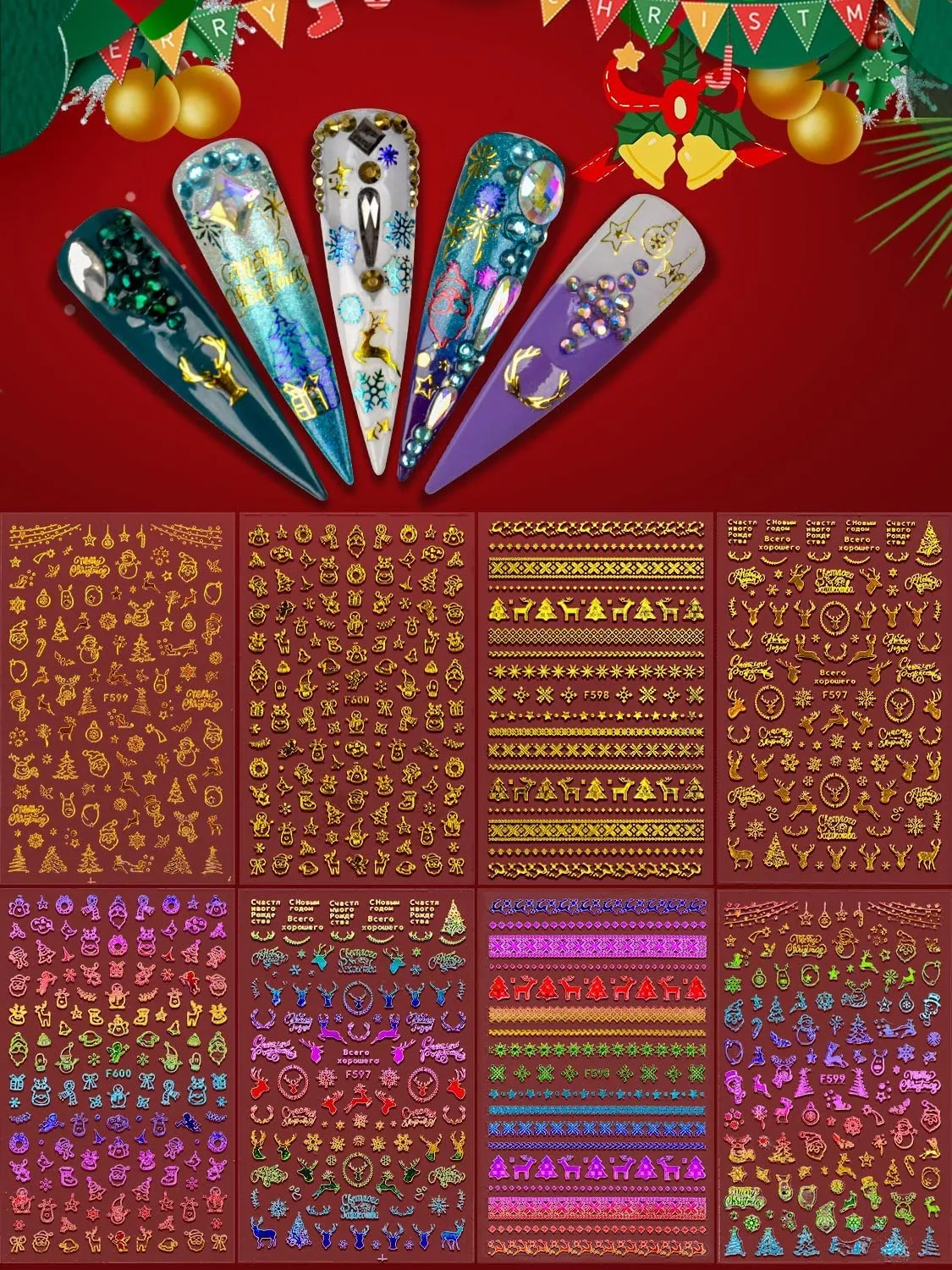 Warmfits 10 Sheets Holographic Butterfly Nail Stickers Decals Holo Gold Silver Multi-Color Different Shapes Nail Adhesive Stickers