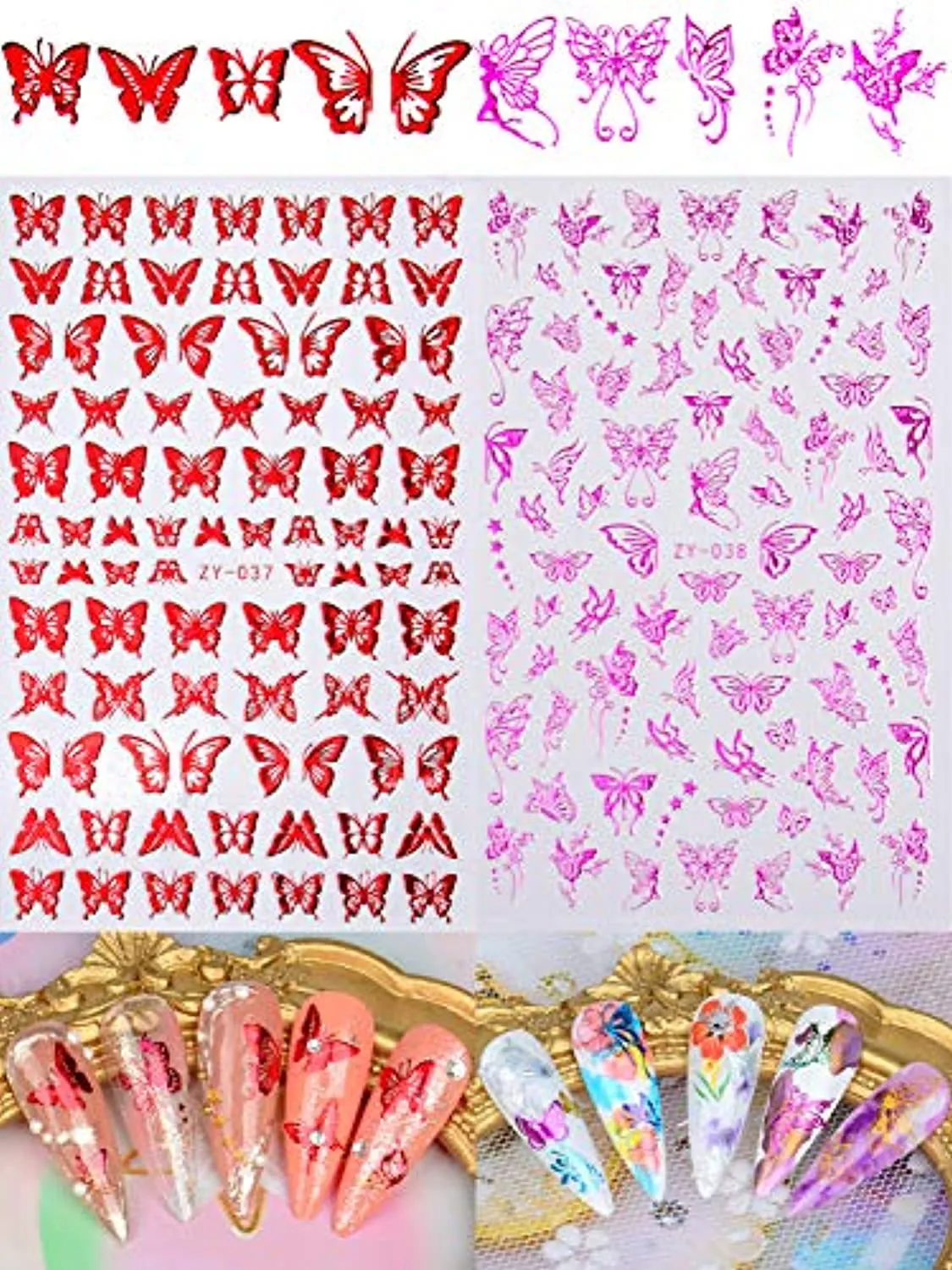 Warmfits 10 Sheets Holographic Butterfly Nail Stickers Decals Holo Gold Silver Multi-Color Different Shapes Nail Adhesive Stickers