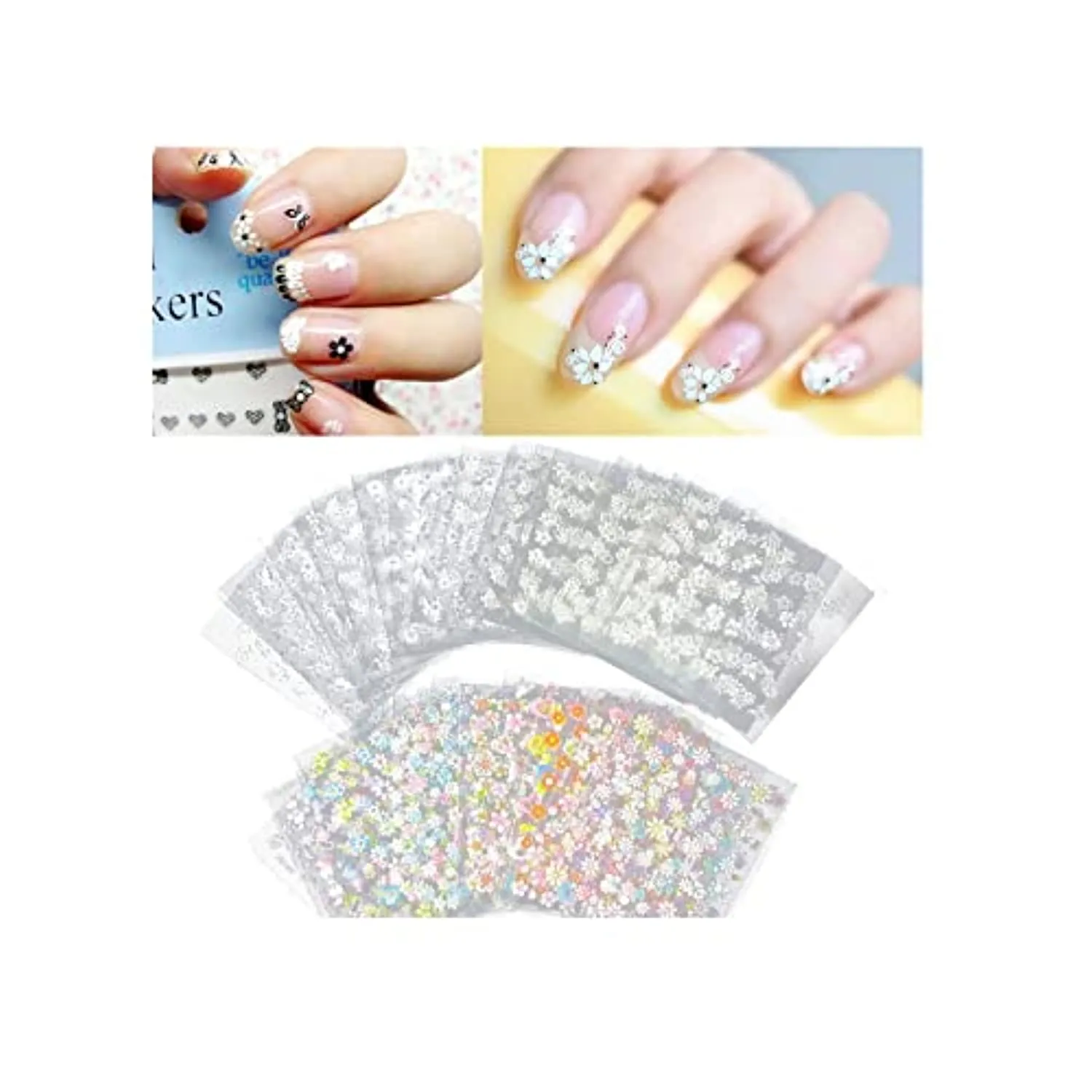 ZITIANY 50 Sheets 3D Flower Nail Art Stickers Decals, Self-Adhesive Manicure Decals Holographic Black White Gold Silver Nail Design DIY Nail Decoration for Women Girls