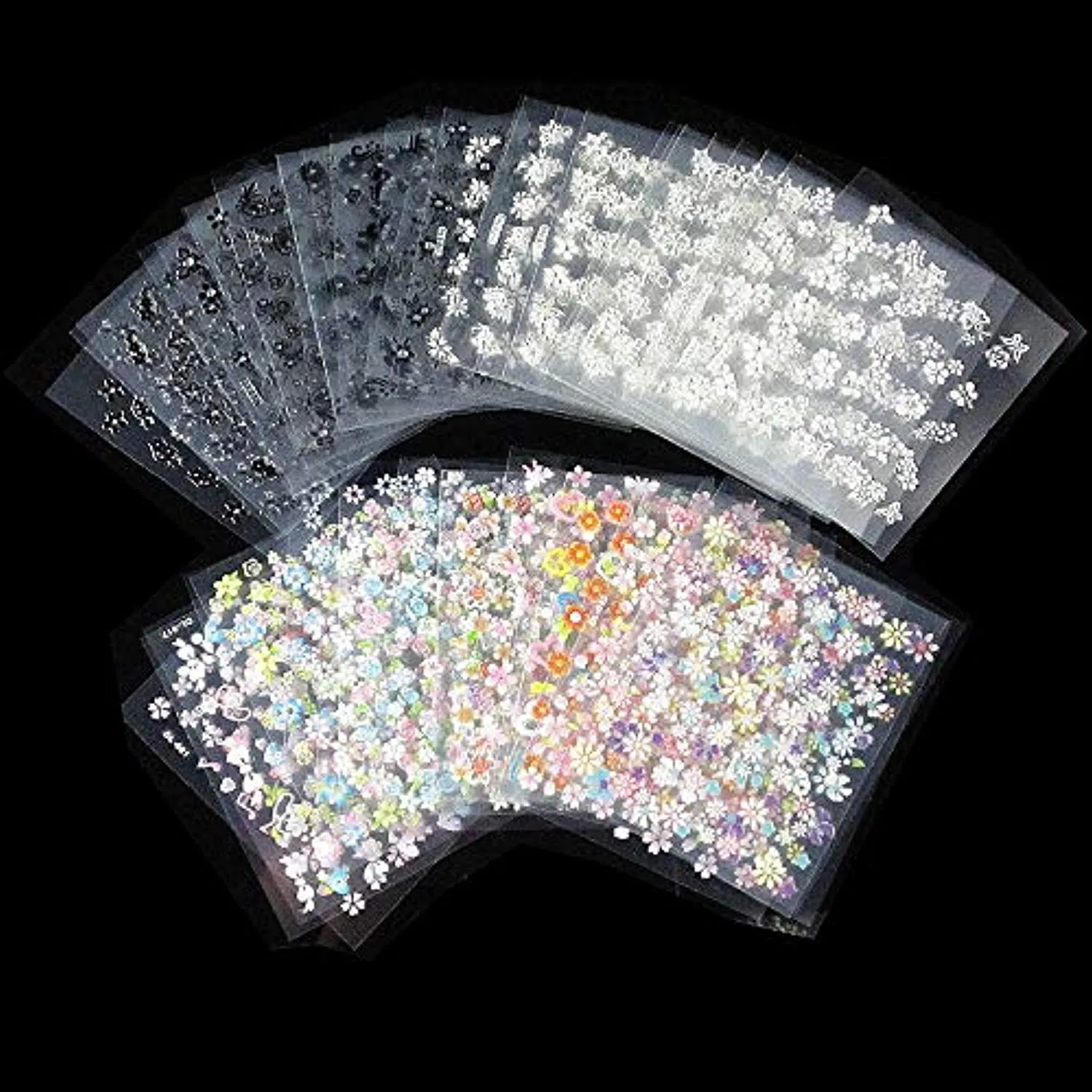 ZITIANY 50 Sheets 3D Flower Nail Art Stickers Decals, Self-Adhesive Manicure Decals Holographic Black White Gold Silver Nail Design DIY Nail Decoration for Women Girls