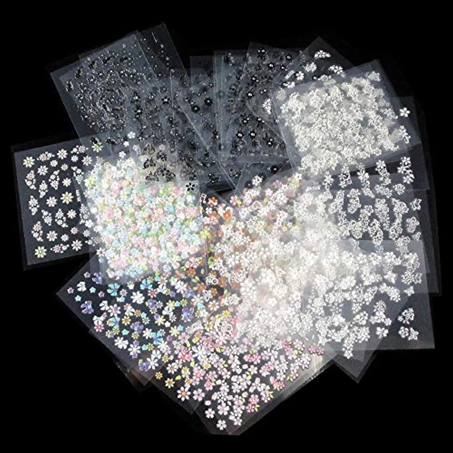 ZITIANY 50 Sheets 3D Flower Nail Art Stickers Decals, Self-Adhesive Manicure Decals Holographic Black White Gold Silver Nail Design DIY Nail Decoration for Women Girls